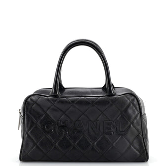 Chanel Embossed Logo Bowler Bag Quilted Caviar Small