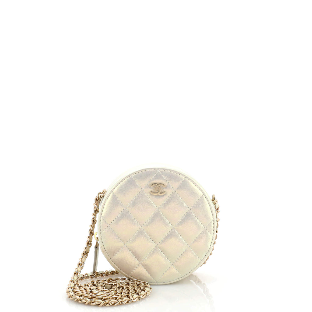 CHANEL Iridescent Lambskin Quilted Round Clutch With Chain Ivory