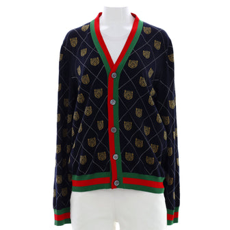 Gucci Men's V Neck Web Tiger Button Cardigan Wool