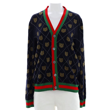 Gucci Men's V Neck Web Tiger Button Cardigan Wool