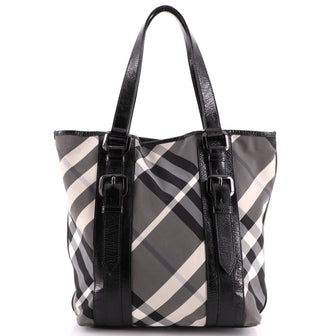 Burberry Victoria Tote Beat Check Nylon with Patent Leather Small