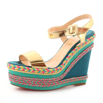 Christian Louboutin Women's New Duplice Wedge Sandals Leather and Satin 120
