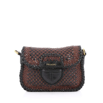 Prada Push Lock Flap Shoulder Bag Madras Woven Leather Small Brown 2007301