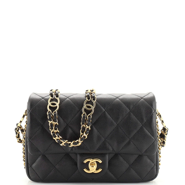Chanel CC Double Chain Strap Flap Bag Quilted Caviar Mini Black