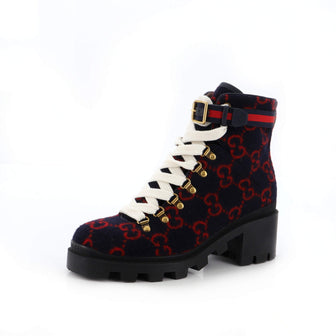 Gucci Women's Heeled Lace Up Combat Ankle Boots GG Wool