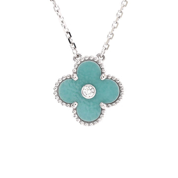 Van Cleef & Arpels Vintage Alhambra Pendant Necklace 18K White Gold and Sevres Porcelain with Diamond
