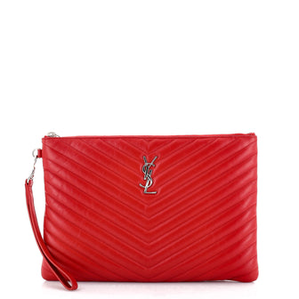 Saint Laurent Classic Monogram Wristlet Pouch Matelasse Chevron Leather Medium