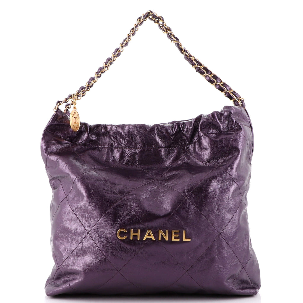Chanel 22 Chain Hobo Handbag Medium Black Shiny Calfskin &