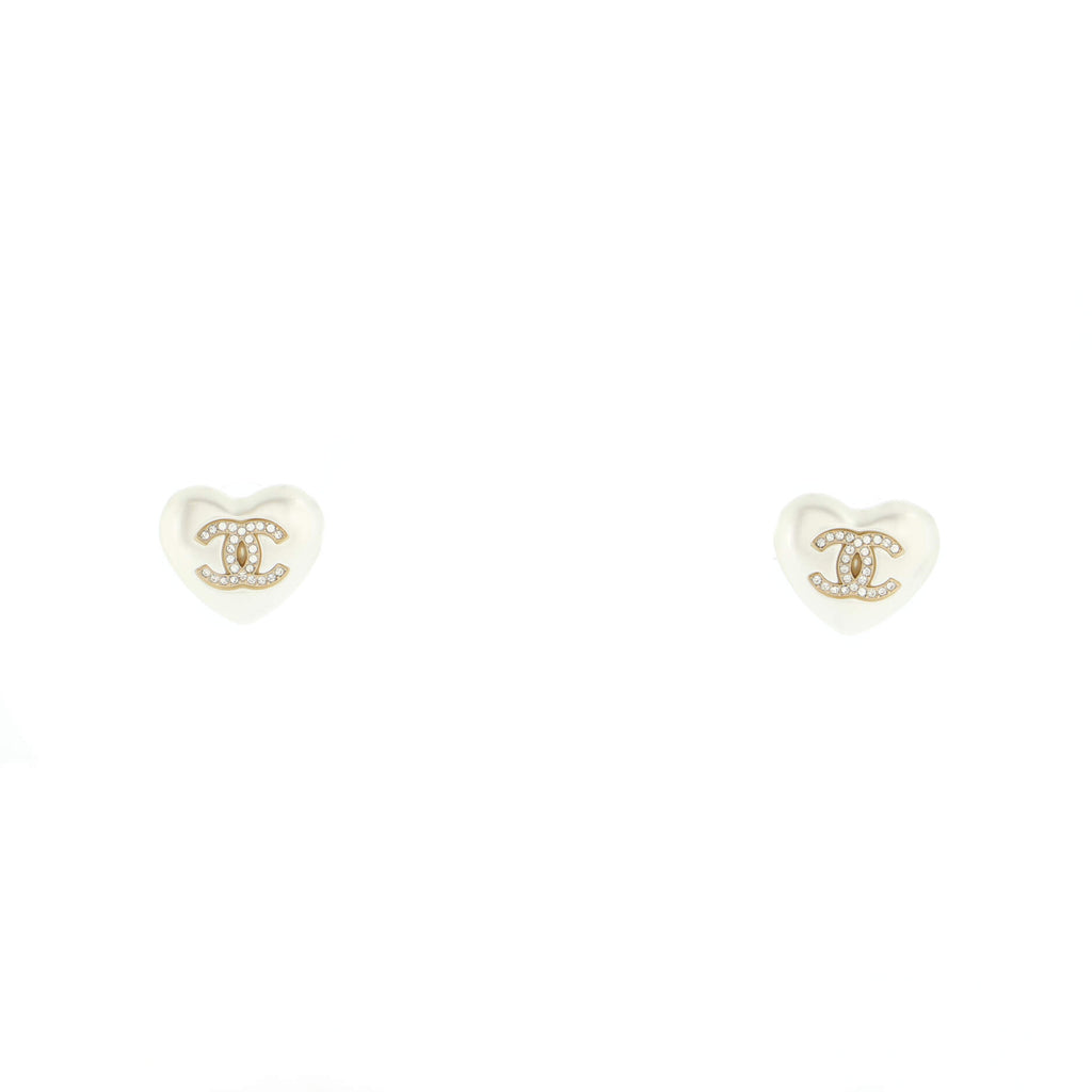 Chanel CC Heart Stud Earrings Resin with Crystals Neutral 2012162