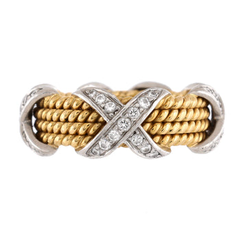 Tiffany & Co. Schlumberger Rope Four Row X Ring 18K Yellow Gold and Platinum with Diamonds