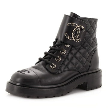 Chanel Women's Chain CC Cap Toe Lace Up Combat Boots Quilted Leather