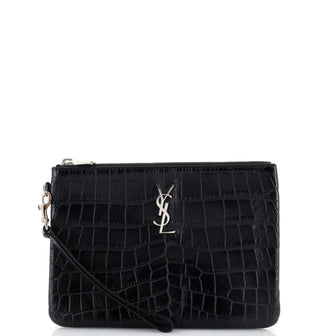 Saint Laurent Classic Monogram Wristlet Pouch Crocodile Embossed Leather Small