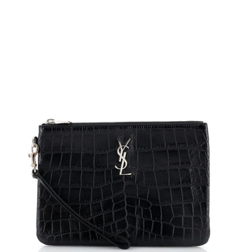 Saint Laurent Classic Monogram Wristlet Pouch Crocodile Embossed Leather Small