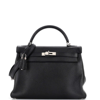 Hermes Kelly Handbag Black Clemence with Palladium Hardware 32