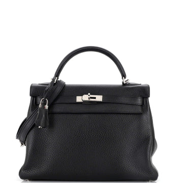 Hermes Kelly Handbag Black Clemence with Palladium Hardware 32