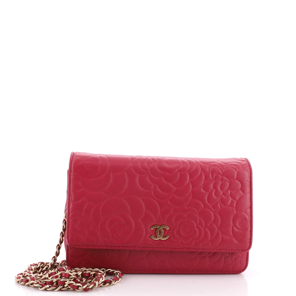 Chanel Lambskin Camellia Embossed Wallet On Chain WOC Pink