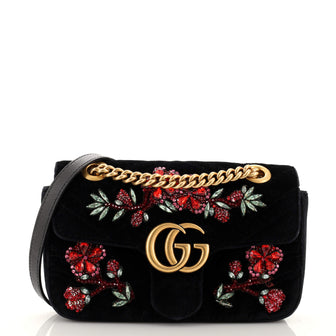 Gucci GG Marmont Flap Bag Embellished Matelasse Velvet Mini