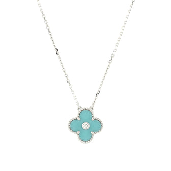 Van Cleef & Arpels Vintage Alhambra Pendant Necklace 18K White Gold and Sevres Porcelain with Diamond