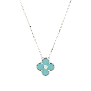 Van Cleef & Arpels Vintage Alhambra Pendant Necklace 18K White Gold and Sevres Porcelain with Diamond