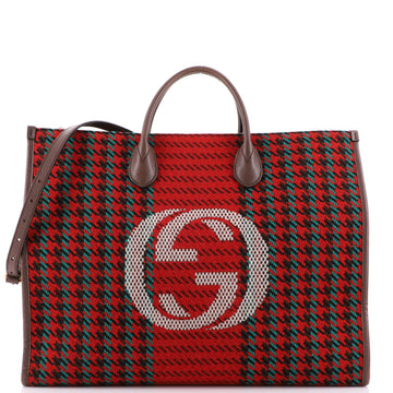 Gucci Interlocking G Shopping Tote Houndstooth Tweed Large