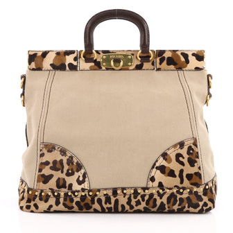 Prada Flat Frame Convertible Satchel Canvas with Pony Hair Large Brown 2018501