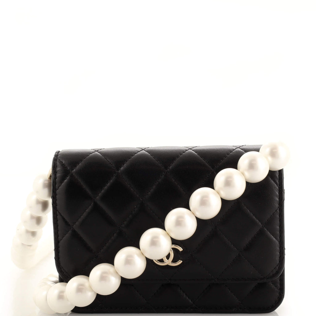 CHANEL Calfskin Quilted Mini Maxi Pearls Wallet On Chain WOC Black 663022