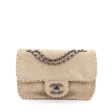 Chanel Stitched Flap Bag Quilted Suede Small Neutral