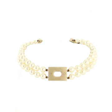 Chanel Logo Plate Double Strand Choker Necklace Metal and Faux Pearls