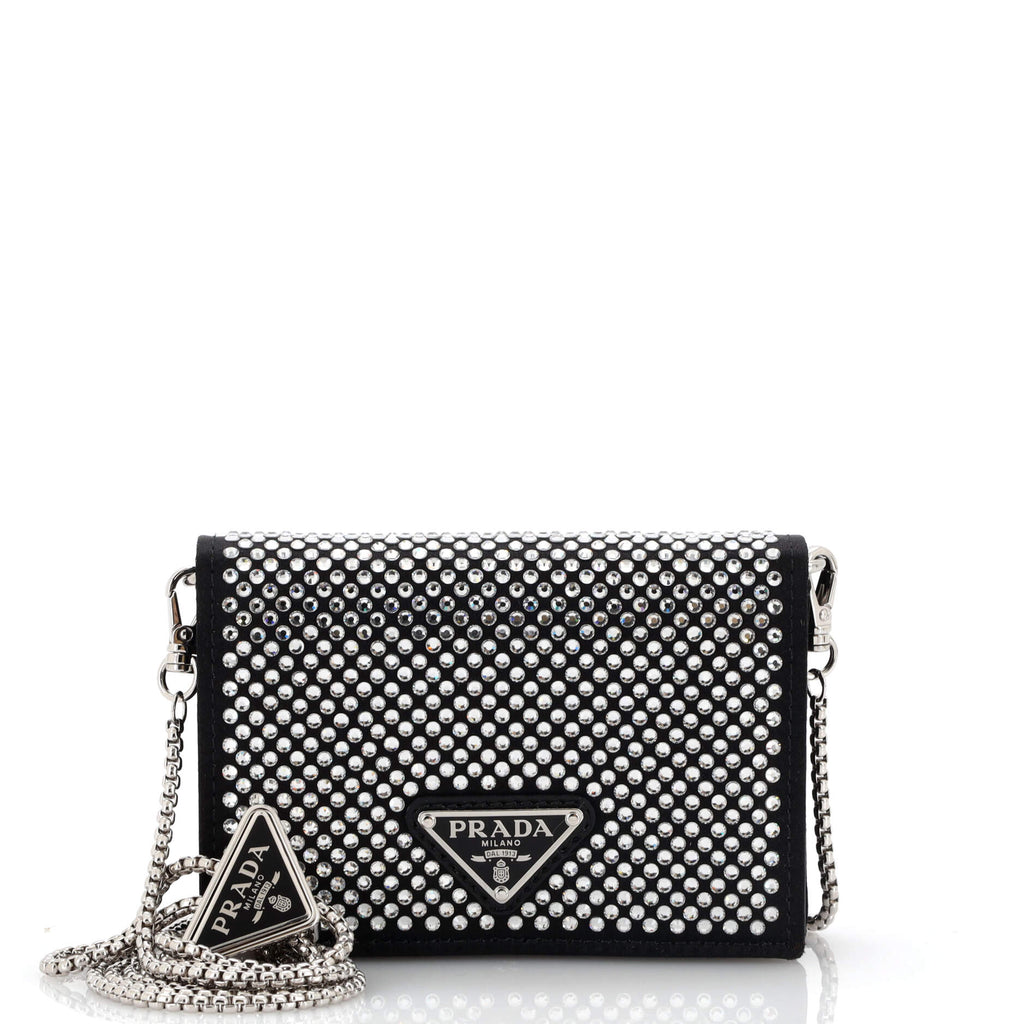 Prada Flap Card Holder with Chain Satin with Crystals Pink 2045113