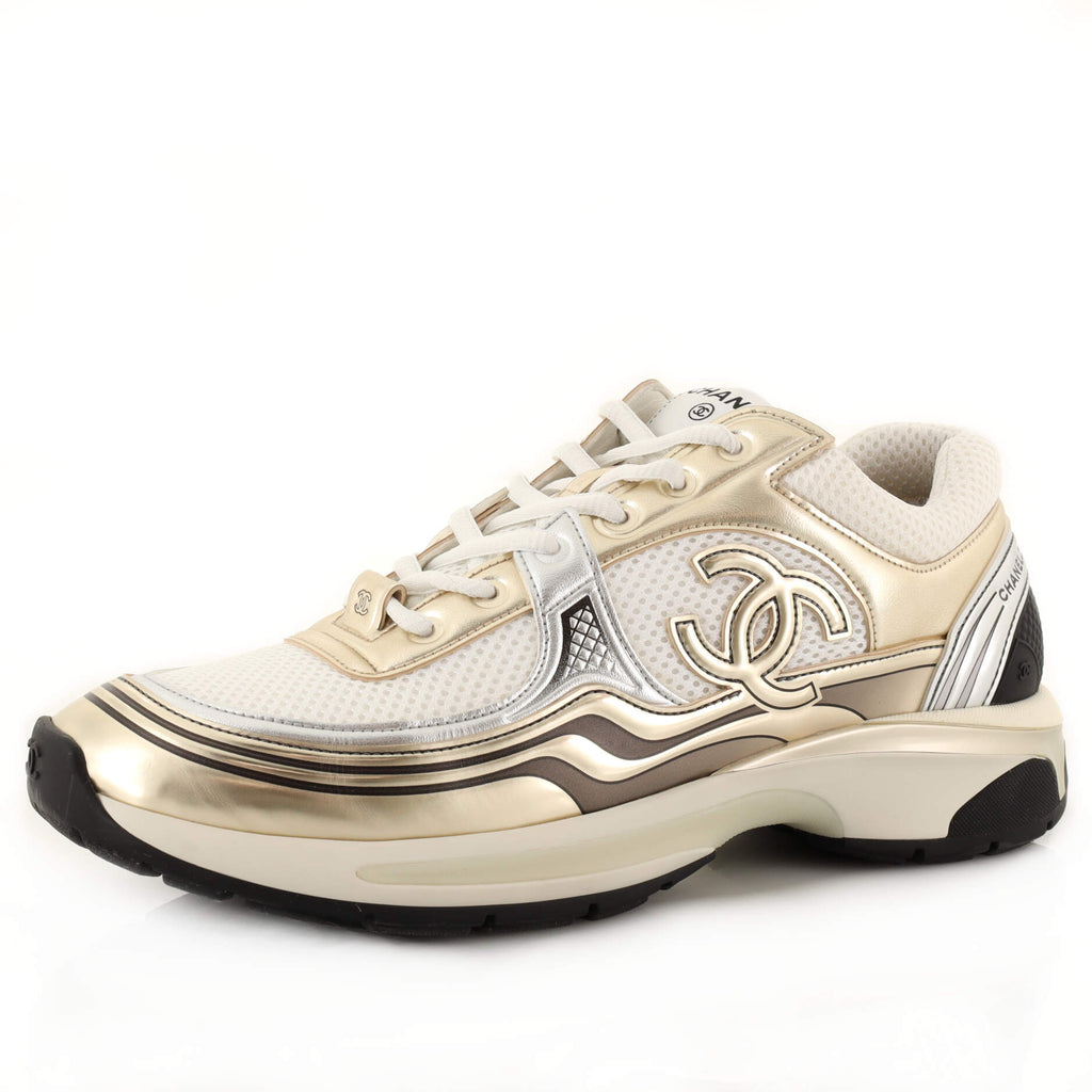 Chanel Fabric & Laminated Light Gray & Silvered Low Top Sneakers