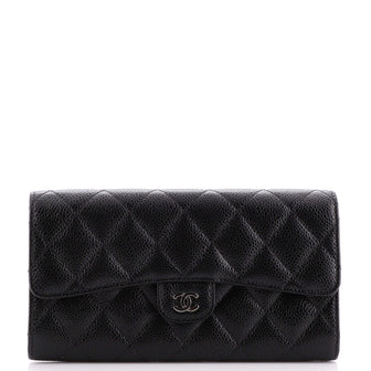 Chanel CC Gusset Classic Flap Wallet Quilted Caviar Long
