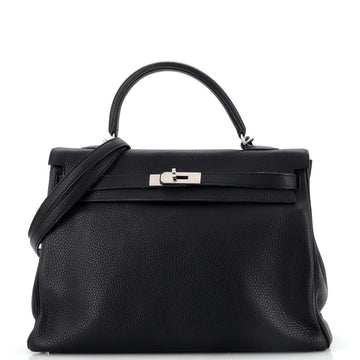 Hermes Kelly Handbag Black Clemence with Palladium Hardware 35