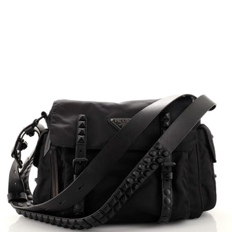 Prada New Vela Flap Messenger Bag Tessuto with Studded Leather Medium