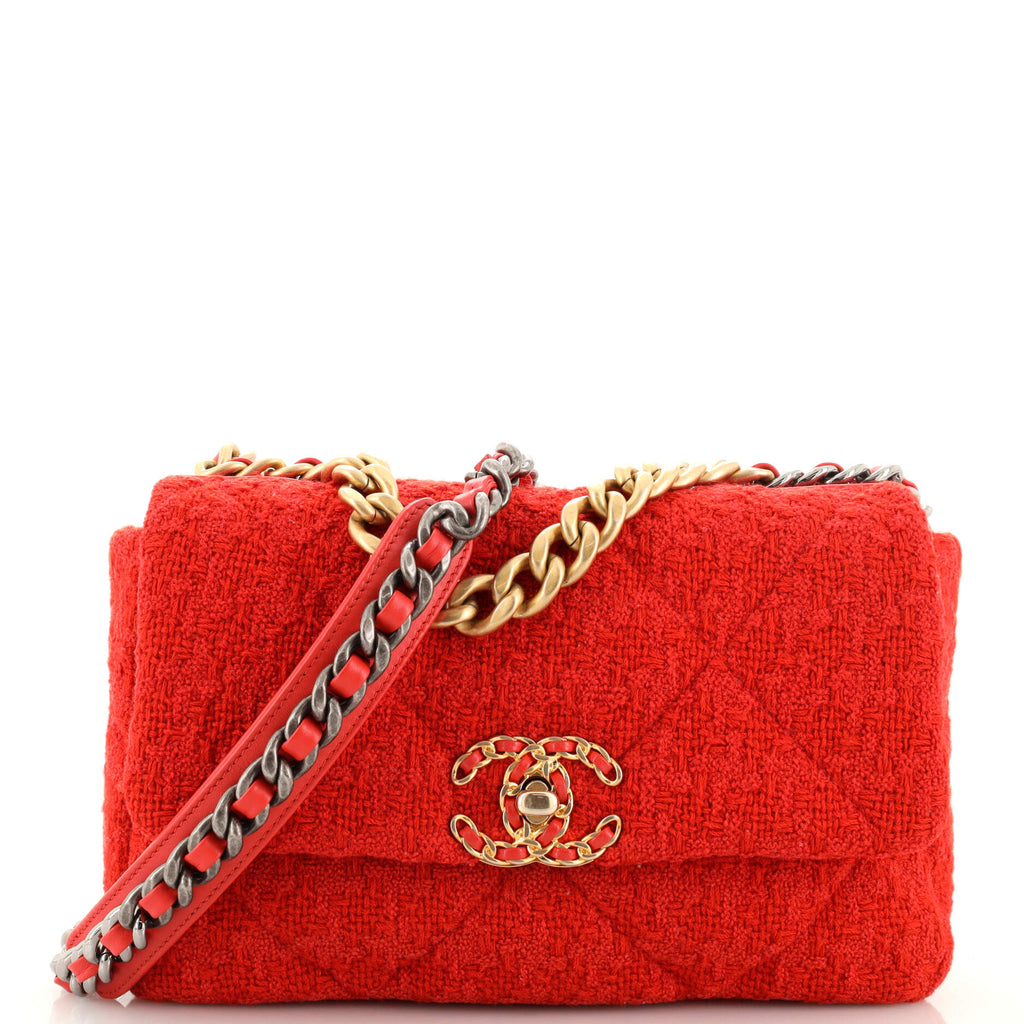 Chanel 19 Flap Bag Quilted Tweed Medium Red 202293226