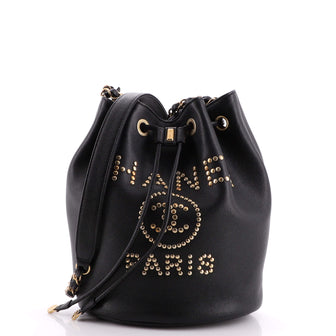 Chanel Deauville Drawstring Bucket Bag Studded Caviar Medium