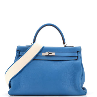 Hermes Kelly Amazone Handbag Blue Clemence with Palladium Hardware 35