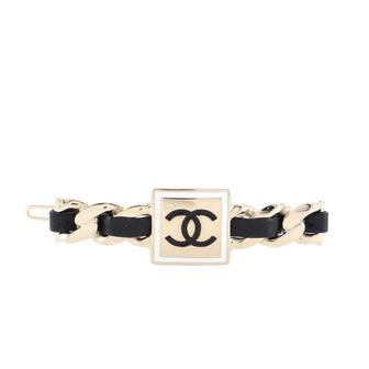 Chanel Square CC Chain Hair Clip Barrette Metal with Leather