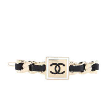 Chanel Square CC Chain Hair Clip Barrette Metal with Leather