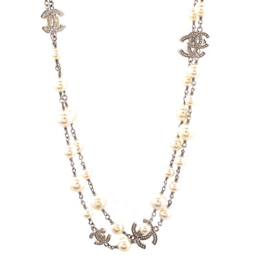 Chanel CC Station Long Necklace Metal with Faux Pearls and Crystals