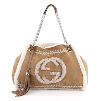 Gucci Soho Shoulder Bag Chain Strap Studded Suede with Shearling Medium Brown 2023303