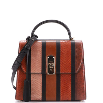 Salvatore Ferragamo Boxyz Top Handle Bag Striped Snakeskin and Leather Large