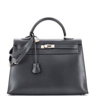Hermes Kelly Handbag Grey Box Calf with Palladium Hardware 35