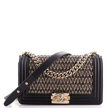 Chanel Boy Flap Bag Chevron Woven Raffia and Leather Old Medium