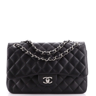 Chanel Vintage Classic Double Flap Bag Quilted Caviar Jumbo