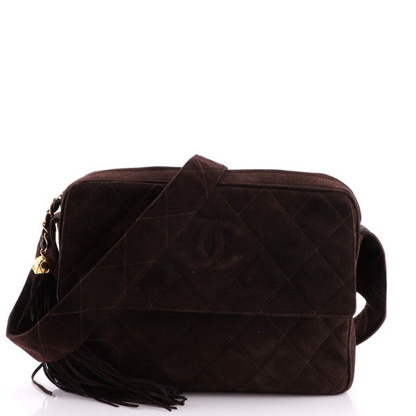 CHANEL VINTAGE BROWN QUILTED SUEDE LEATHER AND SHEARLING XL FLAP SHOULDER  BAG