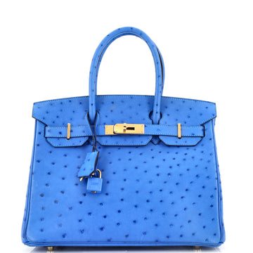 Hermes Birkin Handbag Blue Ostrich with Gold Hardware 30