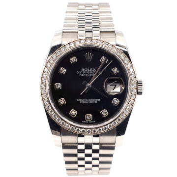 Rolex Oyster Perpetual Datejust Automatic Watch Stainless Steel and White Gold with Diamond Bezel and Markers 36