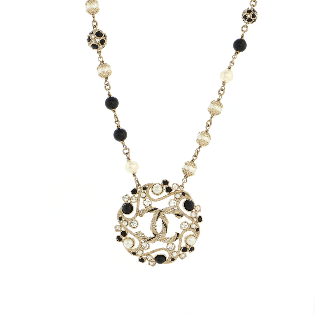 Chanel Pendant Necklace CC Logo Pearl Stone Rhinestone Light Gold 09A 032