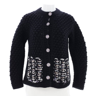 Chanel Women's Embellished Double Pocket Crewneck Cardigan Knit Wool with Faux Pearls