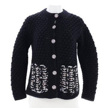 Chanel Women's Embellished Double Pocket Crewneck Cardigan Knit Wool with Faux Pearls